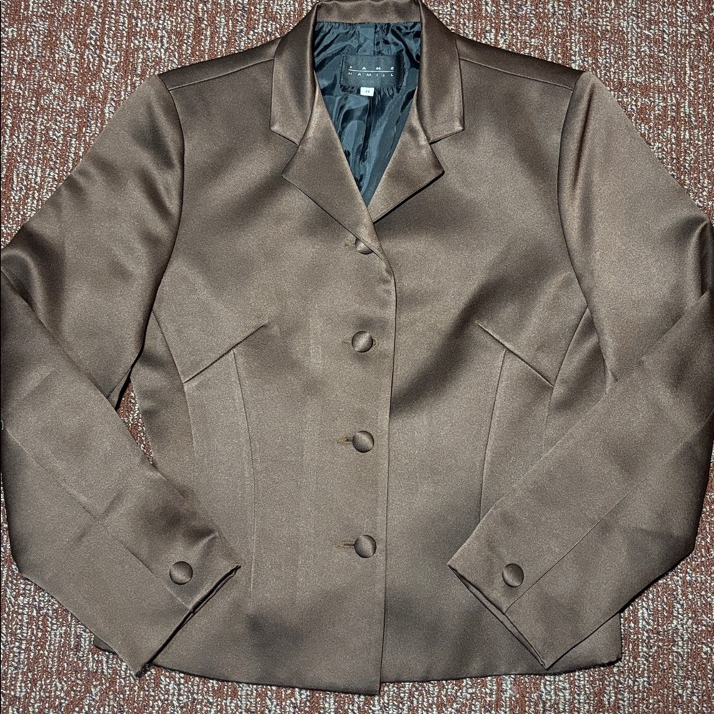 Chocolate Brown Satin Blazer fitted women’s blazer shiny button front structured - Picture 2 of 15